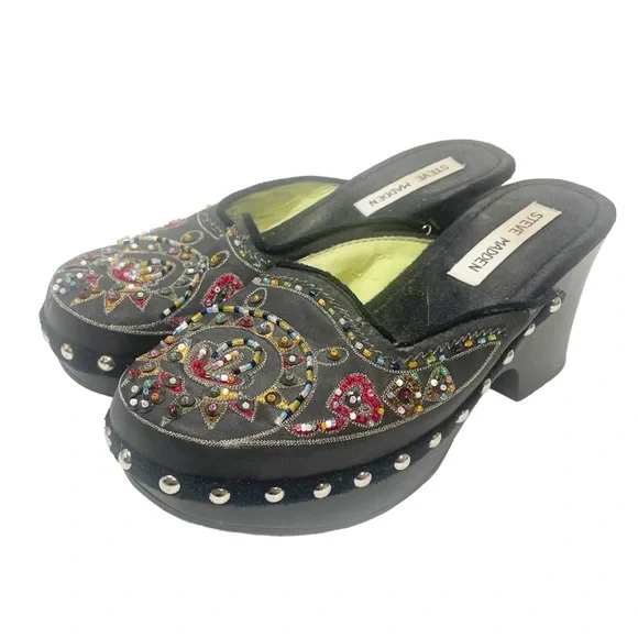 Steve Madden Size 6.5 Black Y2K Satin Beaded Clogs - Picture 1 of 6